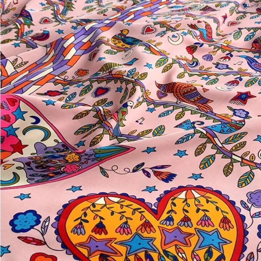 Boho Square Scarf – Pink Floral & Bird Print – Lightweight Chic Wrap – NWT - Picture 7 of 9